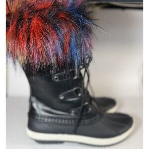 H2K Snow Boots Black Fur Trim Multicolor Lace Up Mid-Calf Synthetic Lined - W 10